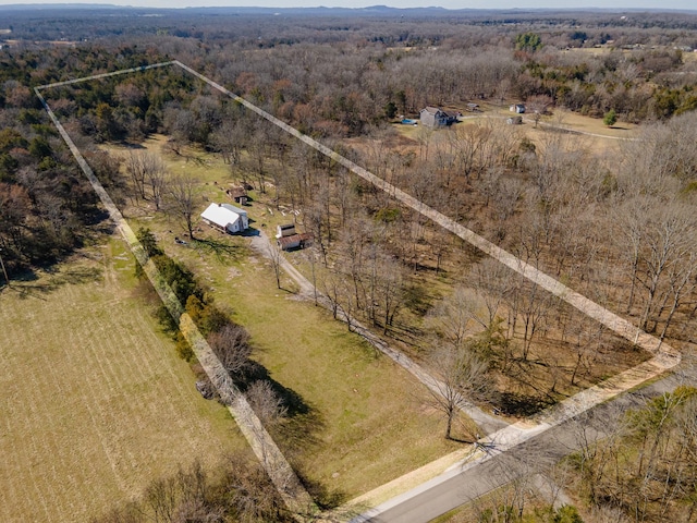 bird's eye view featuring a rural view and a view of trees