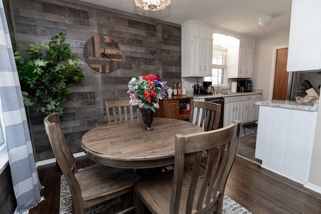 dining area featuring sink and dark wood-type flooring