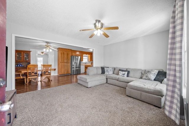 carpeted living room with ceiling fan, sink, and a textured ceiling