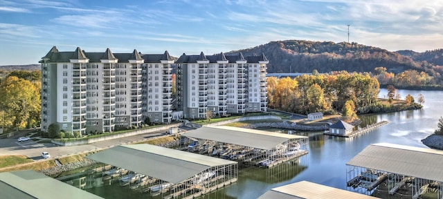 drone / aerial view with a water view