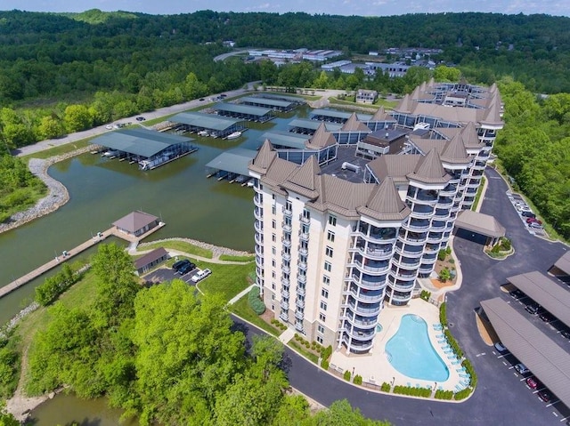 drone / aerial view featuring a water view