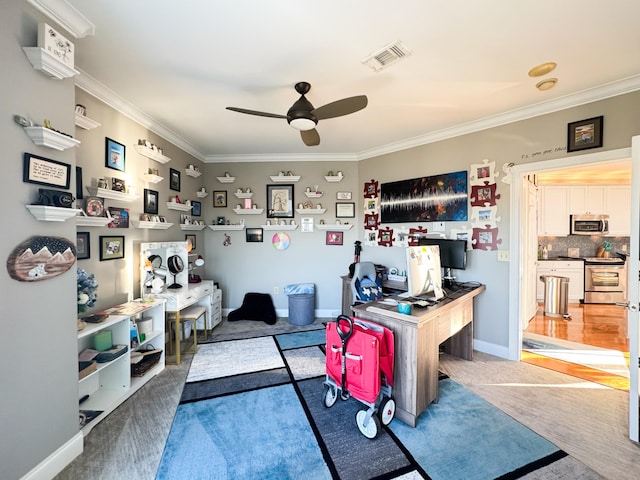 400 Warioto Way Unit 716, Ashland City, TN 37015 - rec room featuring ornamental molding, a ceiling fan, a desk, carpet flooring, and baseboards