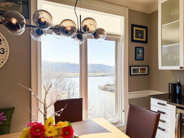 400 Warioto Way Unit 716, Ashland City, TN 37015 - dining area with wine cooler, plenty of natural light, a chandelier, a water view, and ornamental molding