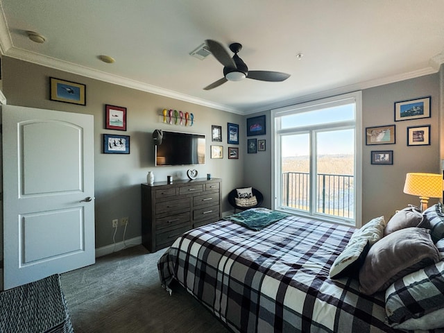 400 Warioto Way Unit 716, Ashland City, TN 37015 - bedroom with crown molding, access to outside, baseboards, a ceiling fan, and dark carpet