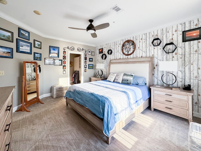 400 Warioto Way Unit 716, Ashland City, TN 37015 - carpeted bedroom with ornamental molding, baseboards, wallpapered walls, and ceiling fan