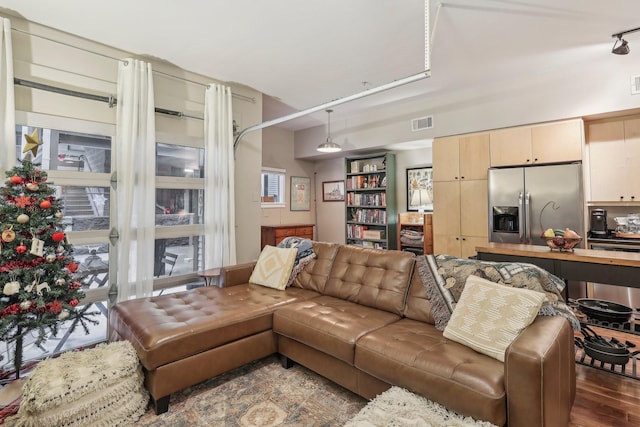 living room featuring dark wood-type flooring