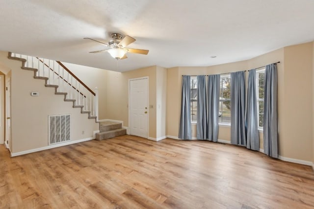 unfurnished living room with light hardwood / wood-style flooring and ceiling fan