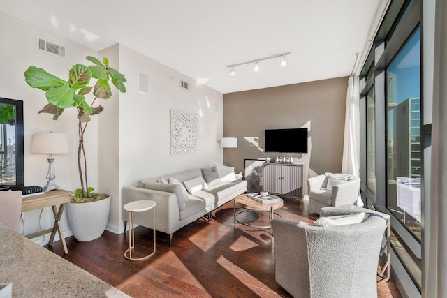 living room featuring track lighting and dark hardwood / wood-style floors