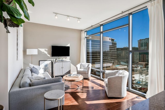 living room with hardwood / wood-style flooring, a wall of windows, and track lighting