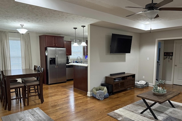 living room with hardwood / wood-style flooring, a tray ceiling, sink, and a textured ceiling