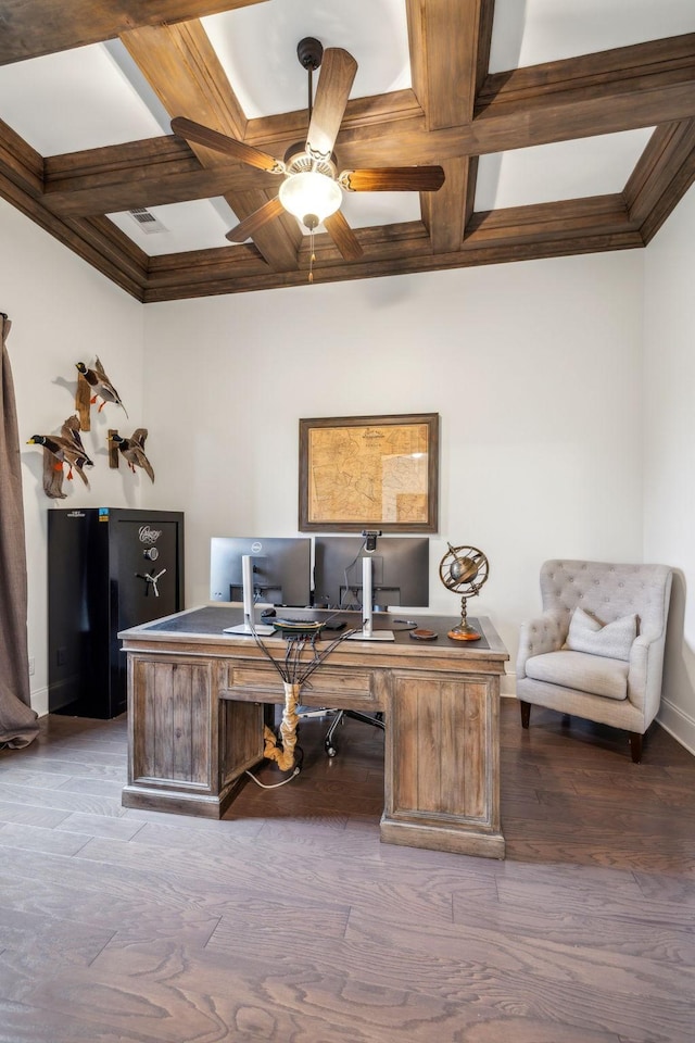 office space with coffered ceiling, beam ceiling, ceiling fan, and light wood-type flooring