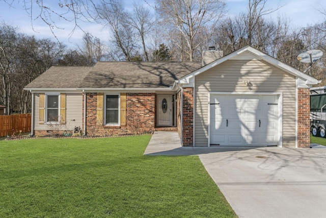 ranch-style house featuring a garage and a front yard