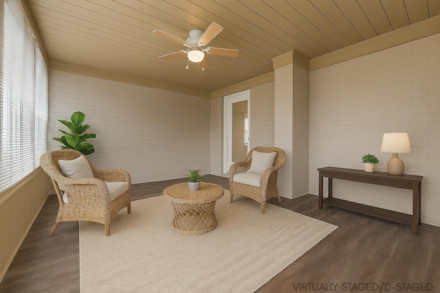 2641 S Grundy Quarles Hwy, Gainesboro, TN 38562 - living area with wood ceiling, ceiling fan, brick wall, and dark wood-type flooring