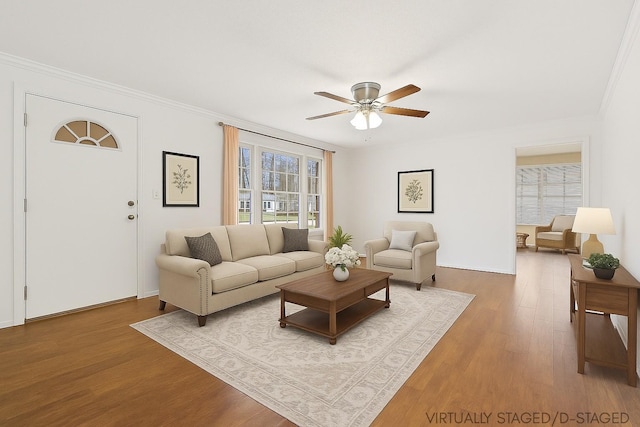 2641 S Grundy Quarles Hwy, Gainesboro, TN 38562 - living room featuring crown molding, ceiling fan, and wood finished floors