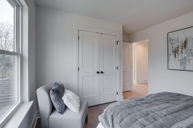 bedroom with light hardwood / wood-style floors and a closet