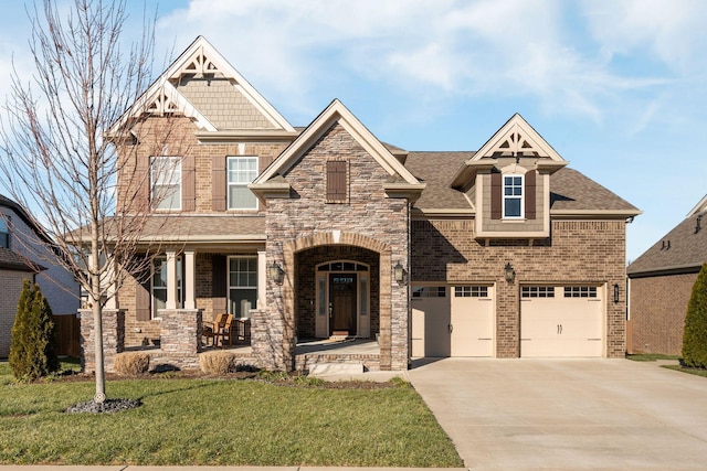 craftsman-style home with covered porch, brick siding, driveway, stone siding, and a front lawn