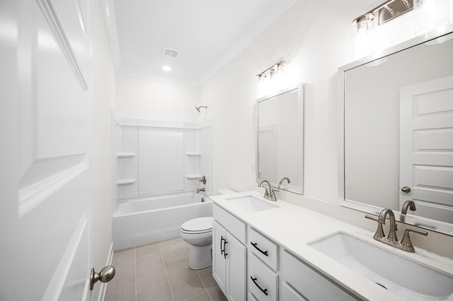 full bathroom featuring crown molding, tile patterned flooring, vanity, shower / bathtub combination, and toilet