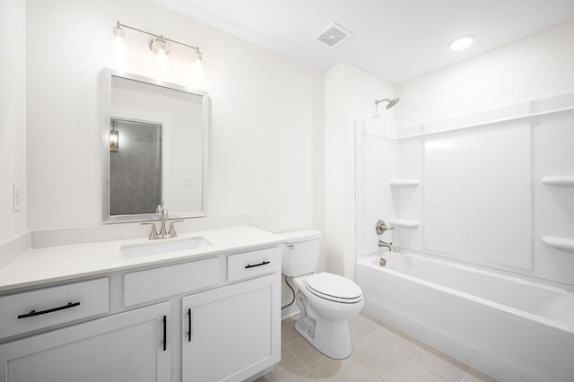 full bathroom featuring shower / tub combination, vanity, tile patterned floors, and toilet