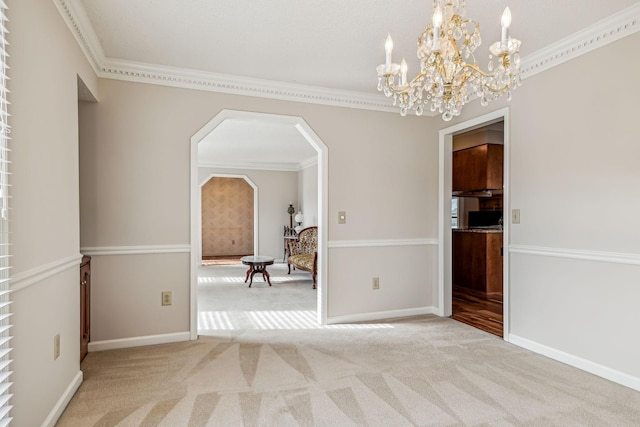 unfurnished dining area featuring light carpet and ornamental molding