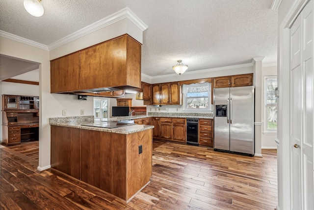 kitchen with dark wood-type flooring, stainless steel refrigerator with ice dispenser, black electric stovetop, ornamental molding, and kitchen peninsula