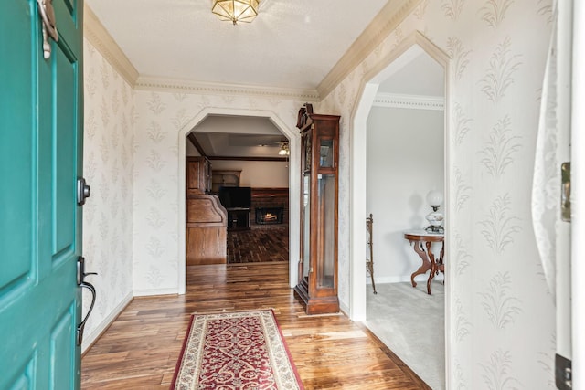 foyer entrance with dark wood-type flooring and a textured ceiling