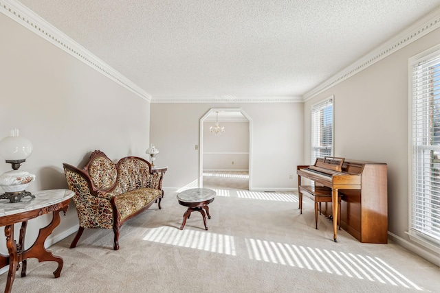 living area with crown molding, a chandelier, light carpet, and a textured ceiling