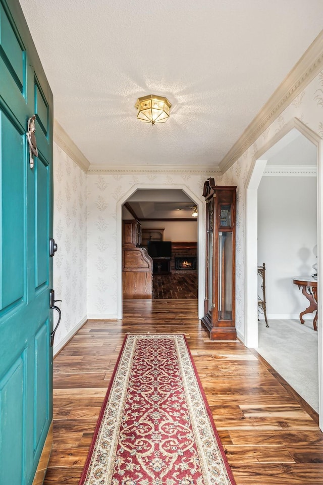 foyer featuring crown molding, dark hardwood / wood-style floors, and a textured ceiling