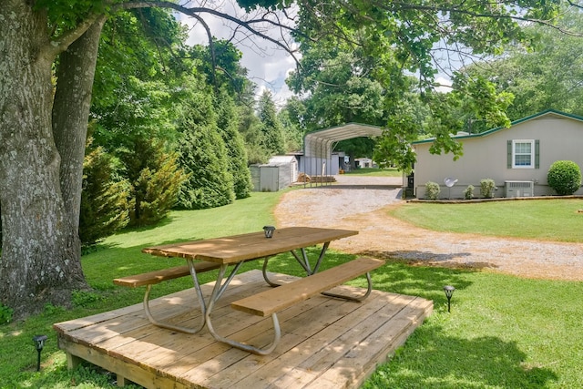 surrounding community with a storage shed and a lawn