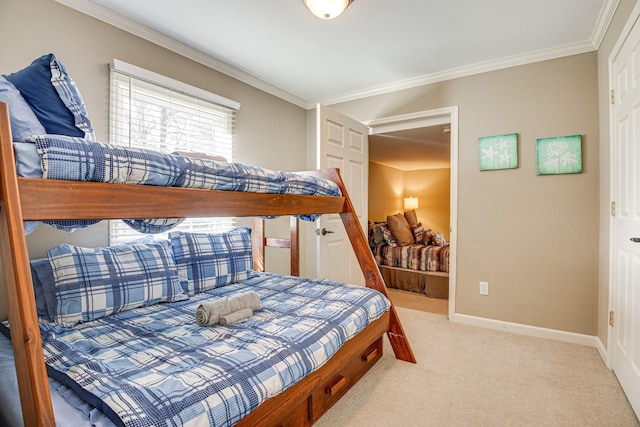 carpeted bedroom with crown molding