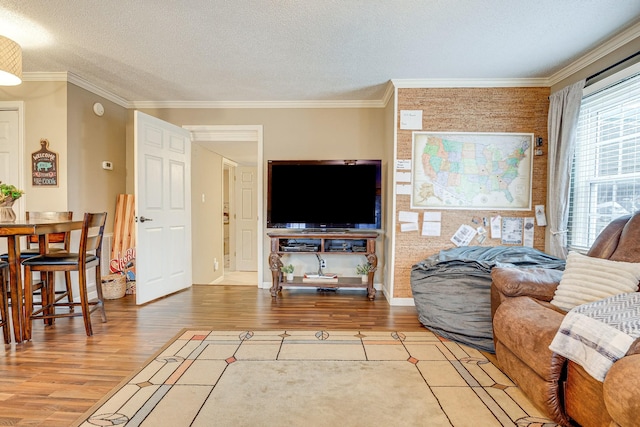 living room with hardwood / wood-style flooring, crown molding, and a textured ceiling