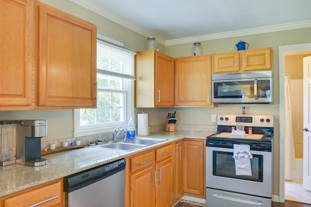 kitchen featuring sink, crown molding, stainless steel appliances, and light stone countertops