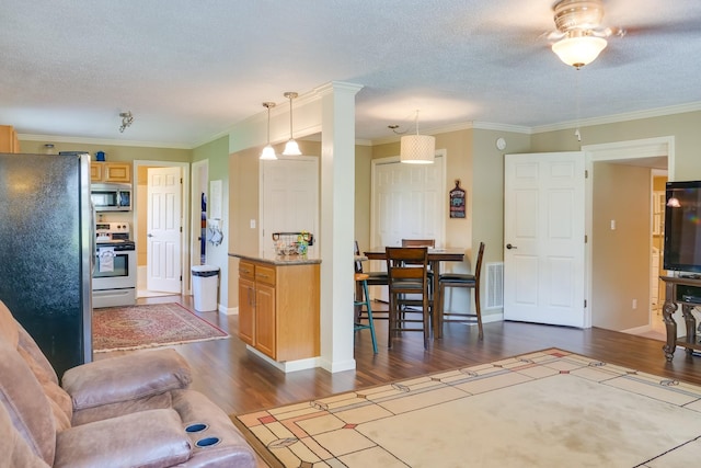 kitchen featuring dark wood-type flooring, stainless steel appliances, ornamental molding, a textured ceiling, and decorative light fixtures