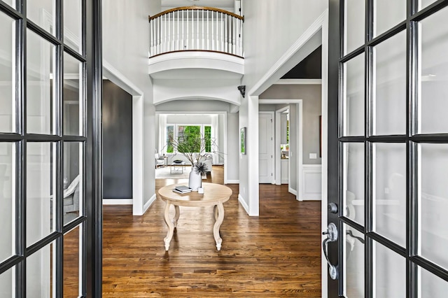 foyer entrance with a towering ceiling and dark hardwood / wood-style floors