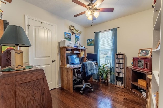 office featuring dark hardwood / wood-style flooring, a textured ceiling, and ceiling fan