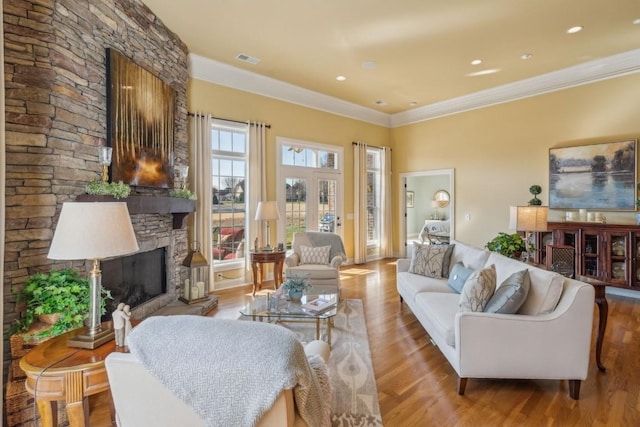 living room featuring ornamental molding, wood-type flooring, and a stone fireplace