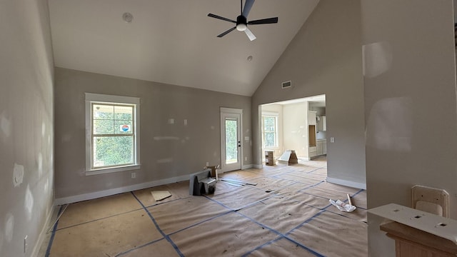 839 Stovers Gln, Murfreesboro, TN 37128 - unfurnished living room with high vaulted ceiling and ceiling fan