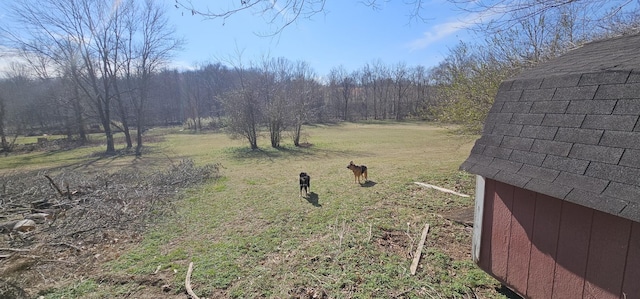 view of yard with a forest view