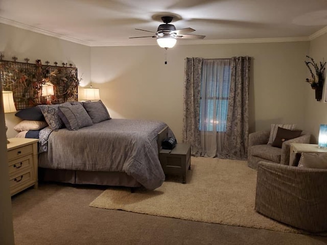 bedroom with ceiling fan, crown molding, and light colored carpet