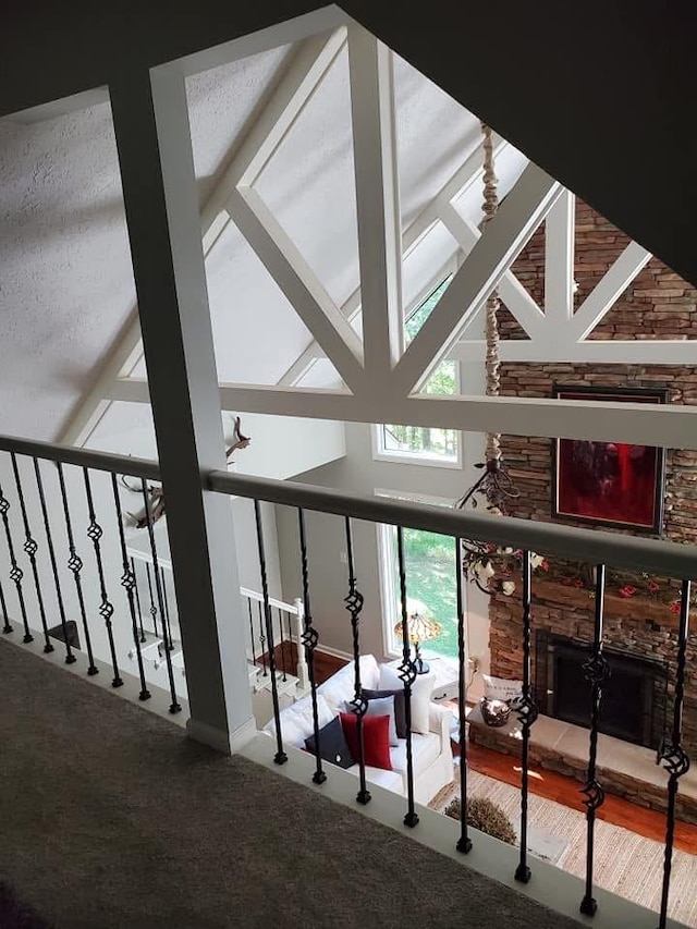 interior space with a stone fireplace