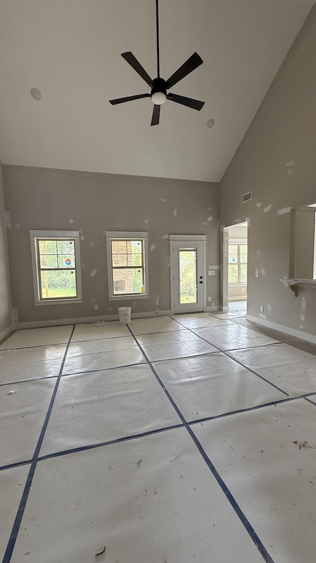 835 Stovers Gln, Murfreesboro, TN 37128 - empty room featuring visible vents, baseboards, a ceiling fan, and high vaulted ceiling