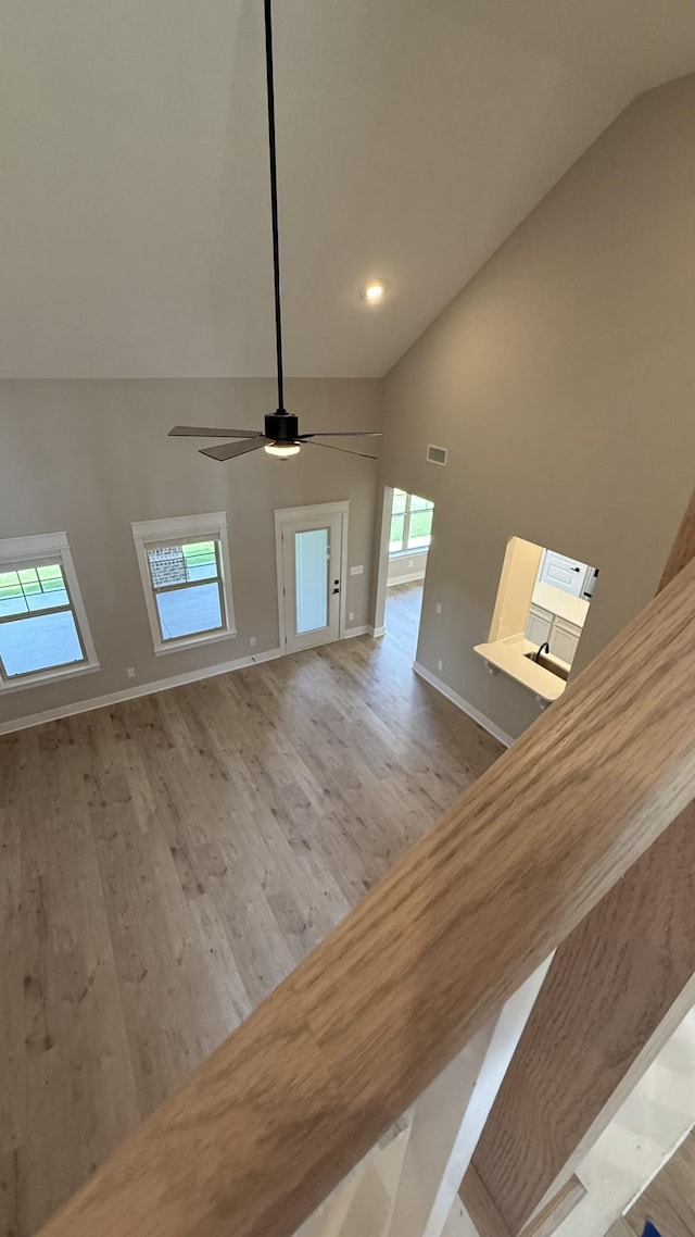 835 Stovers Gln, Murfreesboro, TN 37128 - stairs featuring wood finished floors, high vaulted ceiling, ceiling fan, and recessed lighting