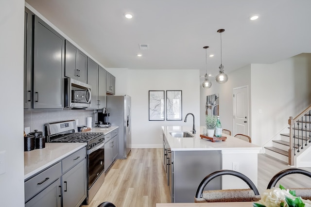 kitchen with appliances with stainless steel finishes, decorative light fixtures, sink, decorative backsplash, and a center island with sink