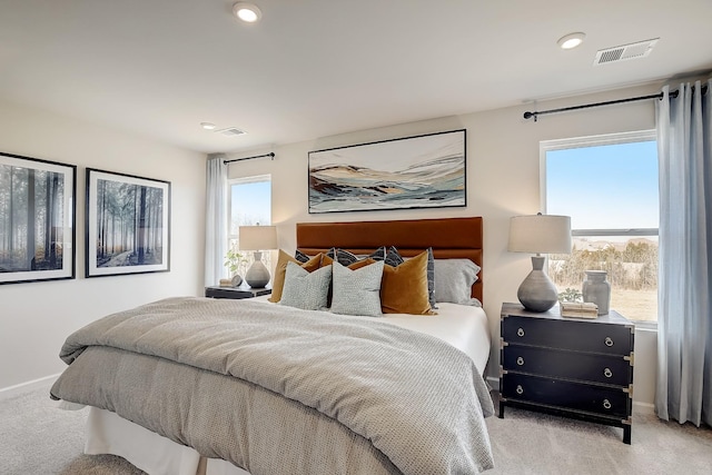 carpeted bedroom featuring multiple windows