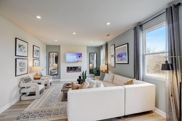 living room with light hardwood / wood-style flooring