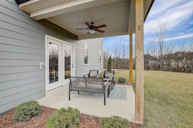 view of patio / terrace featuring ceiling fan and an outdoor hangout area