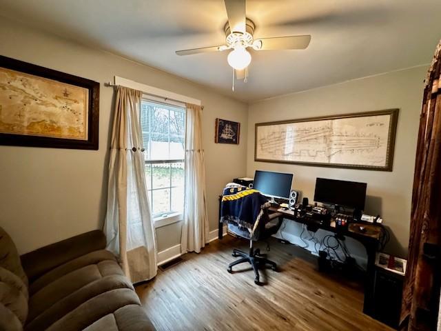 office area featuring hardwood / wood-style floors and ceiling fan