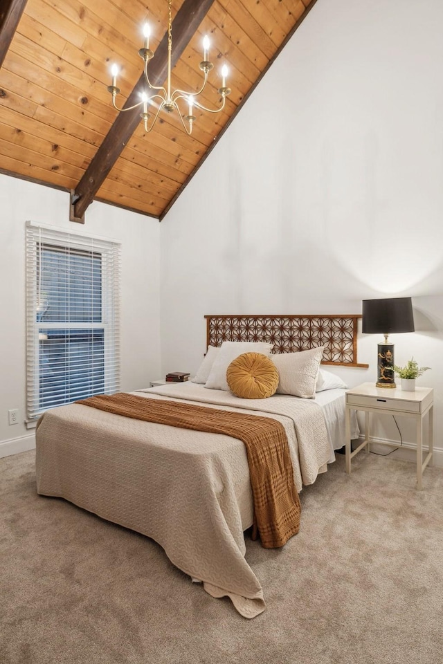 bedroom with beamed ceiling, carpet, wood ceiling, and an inviting chandelier