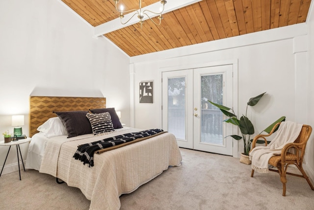 carpeted bedroom featuring french doors, lofted ceiling with beams, wooden ceiling, access to outside, and a notable chandelier