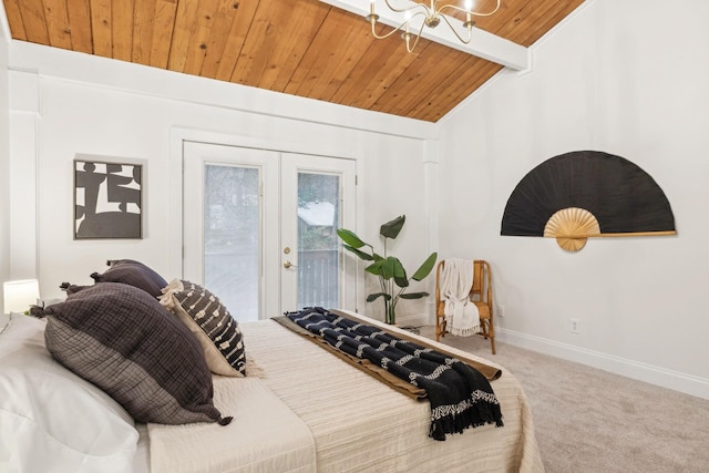 carpeted bedroom featuring french doors, vaulted ceiling with beams, wood ceiling, a chandelier, and access to outside