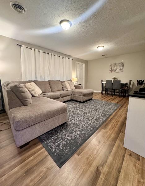 living room featuring hardwood / wood-style flooring and a textured ceiling